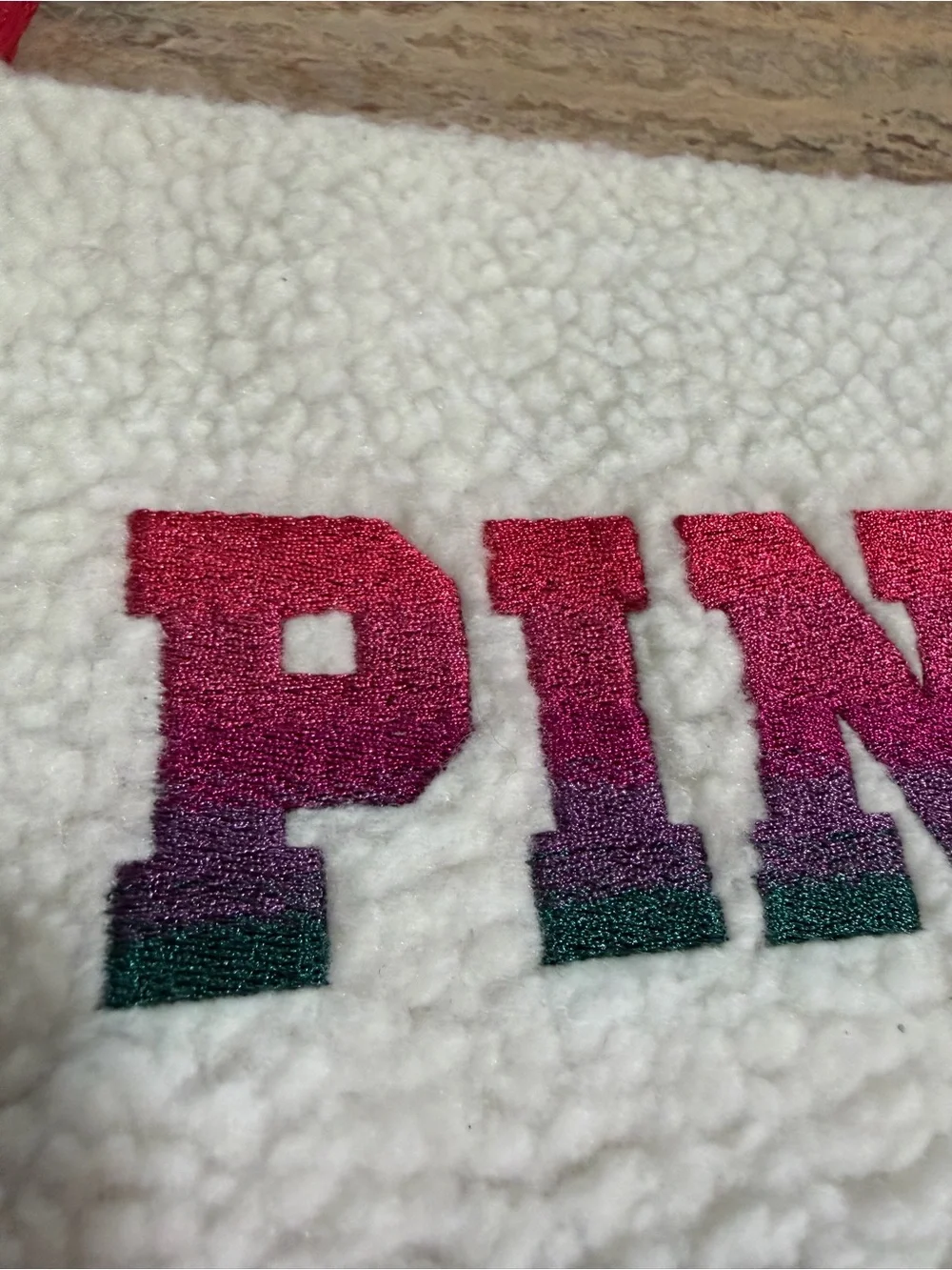 PINK Victoria's Secret Sherpa Zip Pouch in White with Pink-Teal Gradient Logo